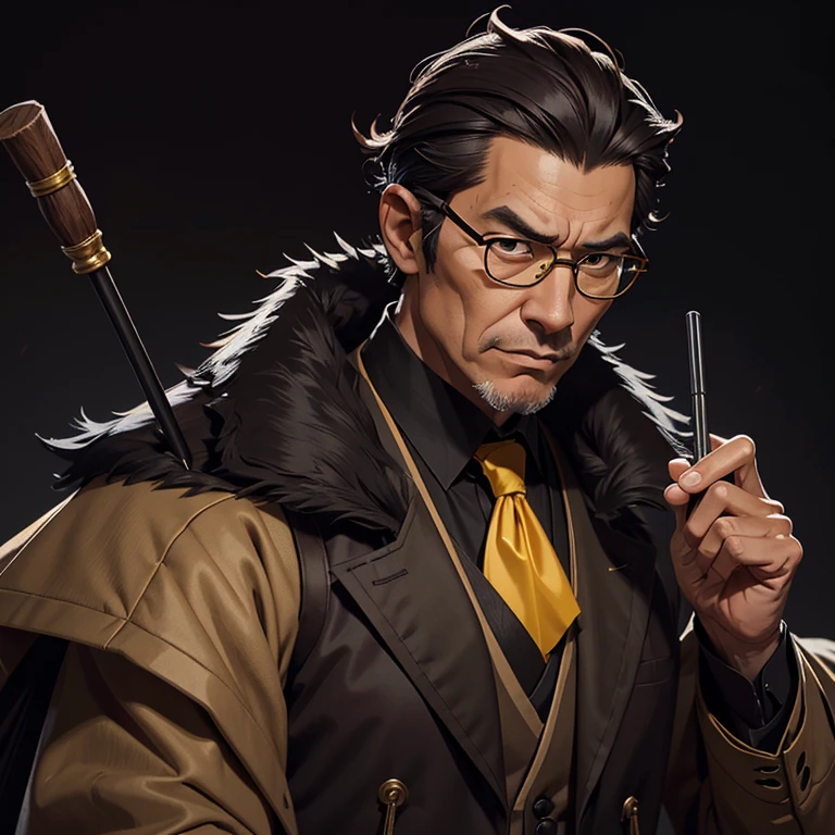 old man, 45 years old, aristocrat, looks like japanese man, black short hair with spikes, glasses, dark blur vest, brown/black dusty disheveled coat, yellow eyes, collar around the neck, cane with mace tip, portrait.