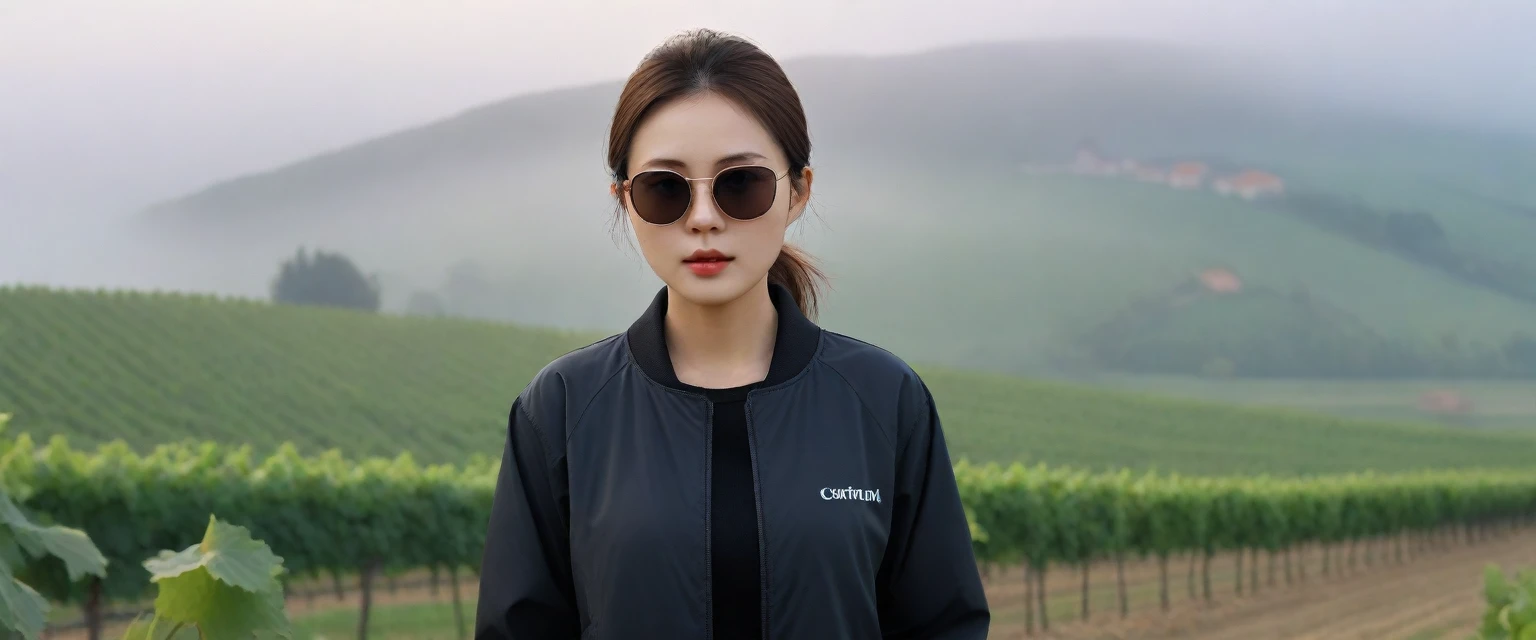 Beautiful 36-year-old Korean woman, Chest size 34 inches, The cathedral can be seen through the early morning fog past the vineyards in the Croatian countryside., The back background is realistic and vivid image quality, short and medium hair,her clothes are nice, Casual and British - (With a black windbreaker and sunglasses,Perfect and realistic photos, The background is realistic. Full body shot with Canon camera 16-35 wide angle lens, expressionless, Front photo looking at the camera from a vineyard hill covered in thick fog, 1 woman, Pictures of the whole body
