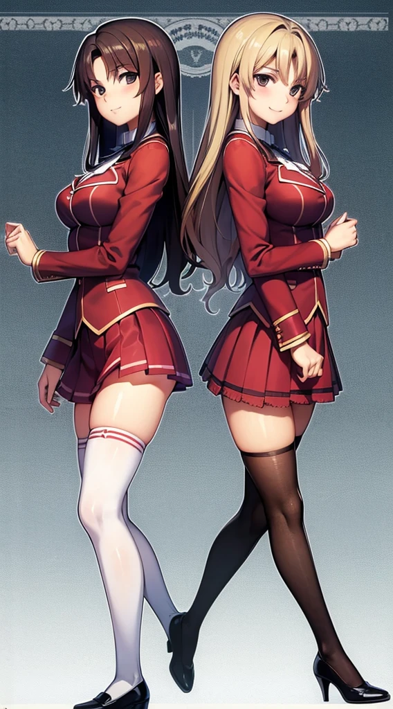 Masterpiece, high quality, 2girls, duo, identical twins, identical sisters, brown hair, curly hair, matching hairstyles, hazel eyes, medium sized bust, (school uniform, sexy school uniform, blazer, lace section, ribbon, rainbow short skirt, white thigh-high socks, black high heels, matching outfits), smile, flat_Farbe, full body, seductive pose, Duo pose: From the side angle, people's body curves are beautiful.