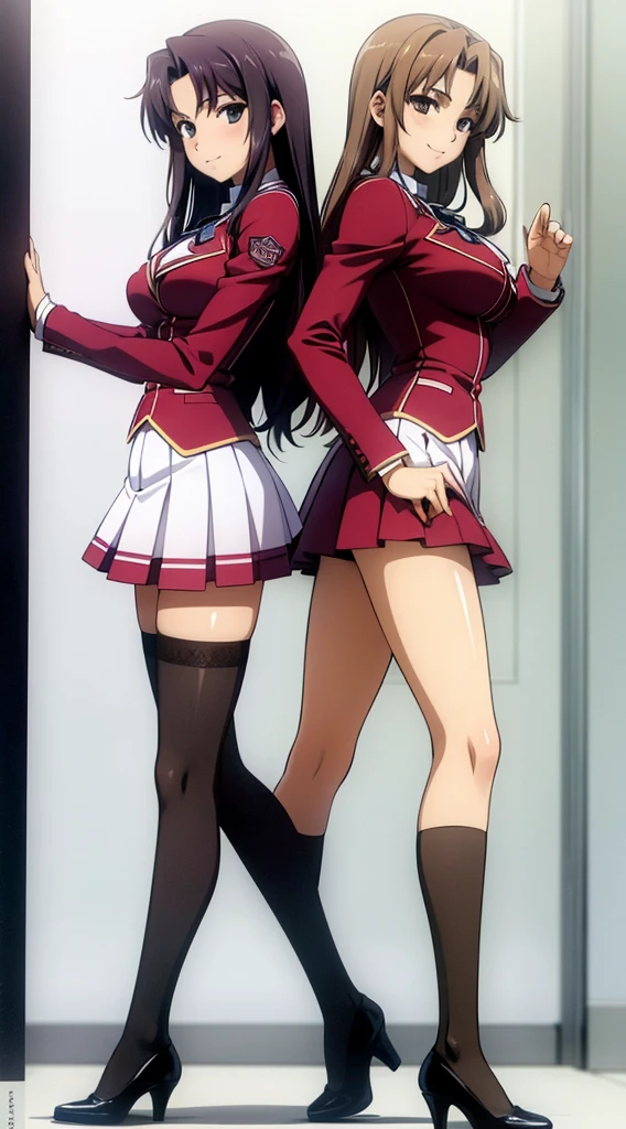 Masterpiece, high quality, 2girls, duo, identical twins, identical sisters, brown hair, curly hair, matching hairstyles, hazel eyes, medium sized bust, (school uniform, sexy school uniform, blazer, lace section, ribbon, rainbow short skirt, white thigh-high socks, black high heels, matching outfits), smile, flat_Farbe, full body, seductive pose, Duo pose: From the side angle, people's body curves are beautiful.