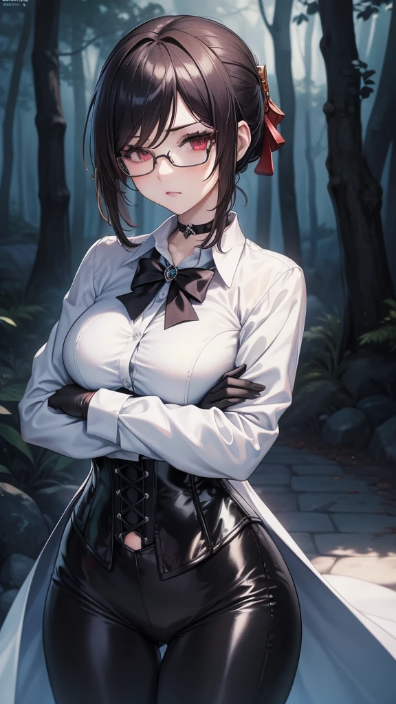 Masterpiece, Beautiful art, professional artist, 8k, detailed body, Very detailed face, very detailed eyes, Detailed clothing, detailed fabric, Best Quality, better resolution, 1 girl, Chiroi \(genshin impact\), crossed arms, View from the front, standing, serious expression, detailed eyes, round chinese glasses, choker:1.6, (white collar button down long sleeve shirt), (shiny black corset), black gloves that cover your hands, (shiny black leggings), looking at the viewer, dark path, dark forest, at night atmosphere, fog
