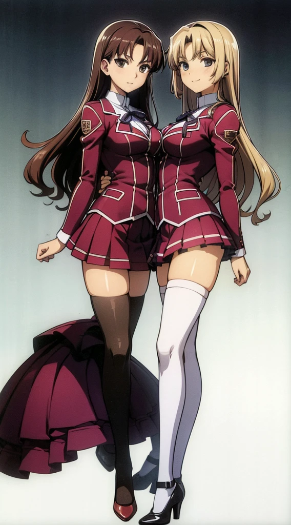 Masterpiece, high quality, 2girls, duo, identical twins, identical sisters, brown hair, curly hair, matching hairstyles, hazel eyes, medium sized bust, (school uniform, sexy school uniform, blazer, lace section, ribbon, rainbow short skirt, white thigh-high socks, black high heels, matching outfits), smile, flat_Farbe, full body, seductive pose, Duo pose: From the side angle, people's body curves are beautiful.