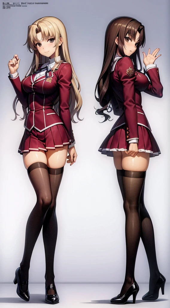 Masterpiece, high quality, 2girls, duo, identical twins, identical sisters, brown hair, curly hair, matching hairstyles, hazel eyes, medium sized bust, (school uniform, sexy school uniform, blazer, lace section, ribbon, rainbow short skirt, white thigh-high socks, black high heels, matching outfits), smile, flat_Farbe, full body, seductive pose, Duo pose: From the side angle, people&#39;s body curves are beautiful.
