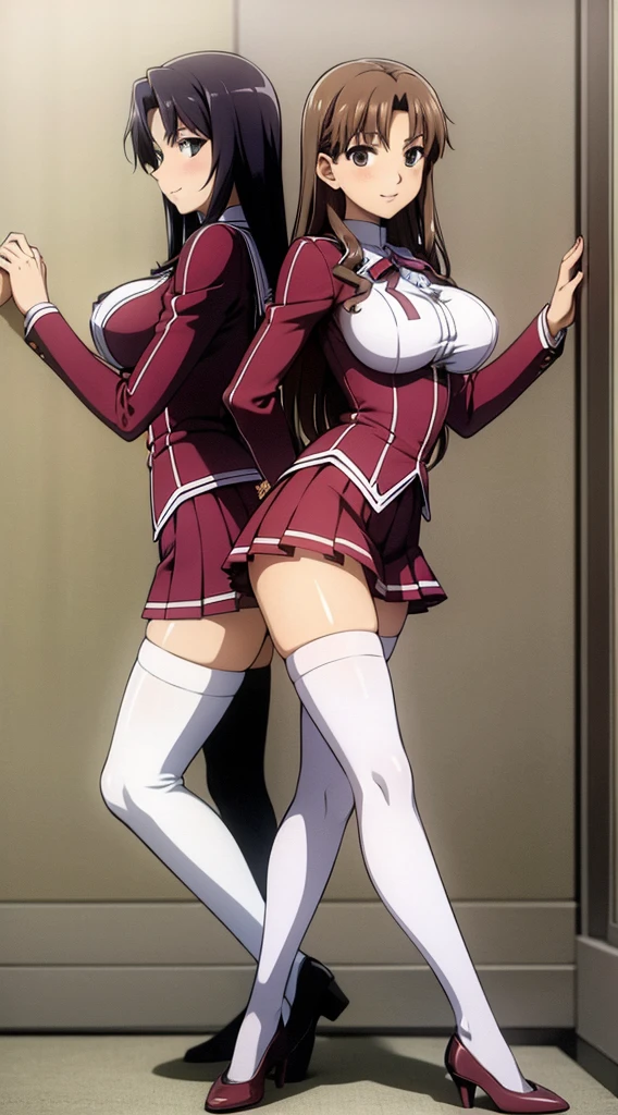 Masterpiece, high quality, 2girls, duo, identical twins, identical sisters, brown hair, curly hair, matching hairstyles, hazel eyes, medium sized bust, (school uniform, y school uniform, blazer, lace section, ribbon, rainbow short skirt, white thigh-high socks, black high heels, matching outfits), smile, flat_Farbe, full body, seductive pose, Duo pose: From the side angle, people&#39;s body curves are beautiful.

