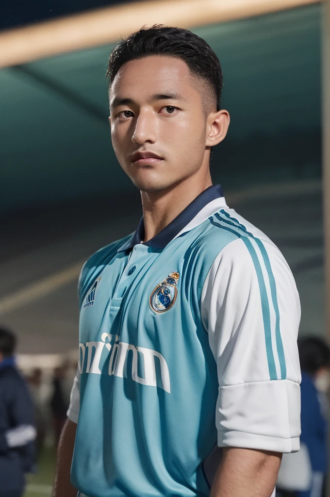  {{masterpiece}}}, hyper quality, {{{very realistic}}}, very delicate eyes, {{{best quality}}}, soccer stadium, {{Football Jerseys}}, {{{Real Madrid}}}, The burly man, night sky, light, crowd, football