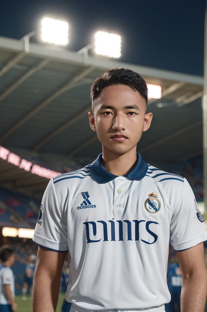  {{masterpiece}}}, hyper quality, {{{very realistic}}}, very delicate eyes, {{{best quality}}}, soccer stadium, {{Football Jerseys}}, {{{Real Madrid}}}, The burly man, night sky, light, crowd, football
