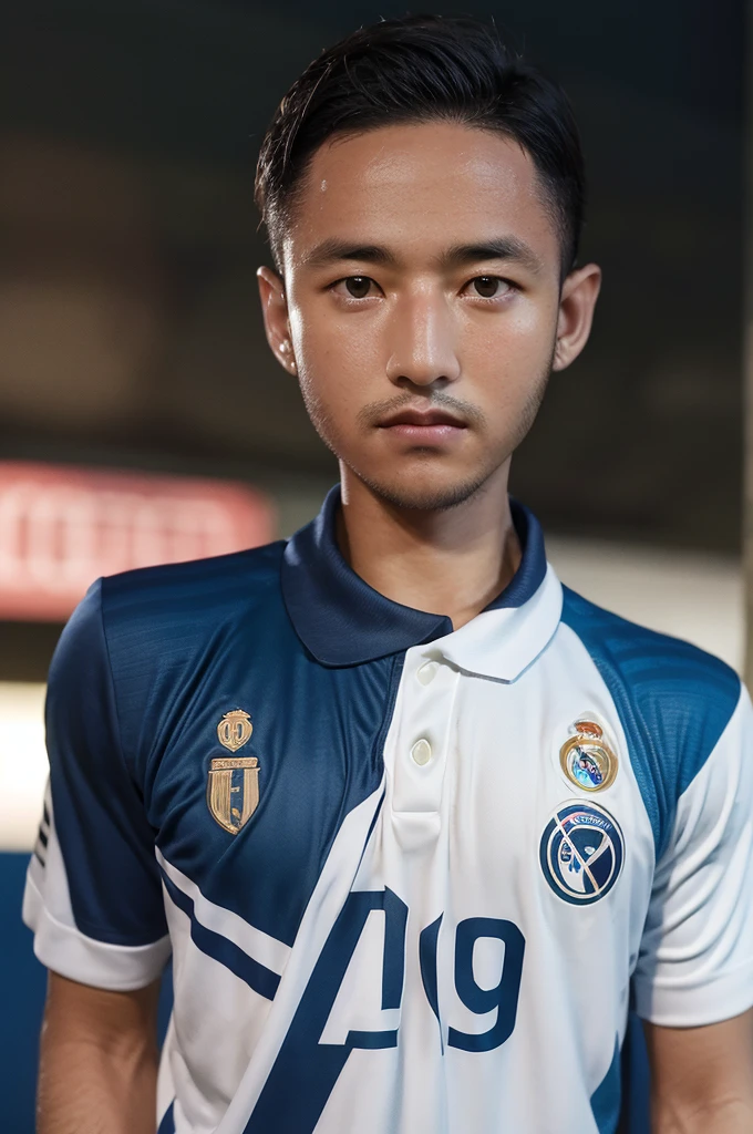  {{masterpiece}}}, hyper quality, {{{very realistic}}}, very delicate eyes, {{{best quality}}}, soccer stadium, {{Football Jerseys}}, {{{Real Madrid}}}, The burly man, night sky, light, crowd, football