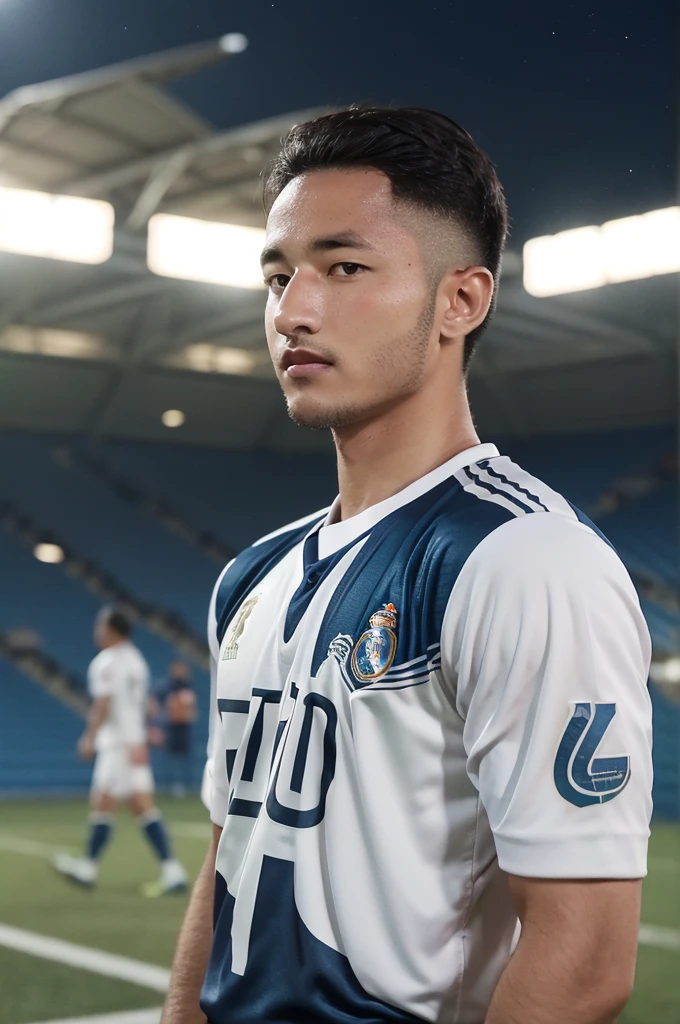 {{masterpiece}}}, hyper quality, {{{very realistic}}}, very delicate eyes, {{{best quality}}}, soccer stadium, {{Football Jerseys}}, {{{Real Madrid}}}, The burly man, night sky, light, crowd, football