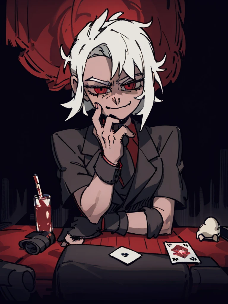 1 boy, black fur, sitting at a poker table, 20s clothing, 20s clothes, cards in hand, confident look, by the laugh, in a red background casino, gray room, best quality, super detailed, 4k, hyperrealistic, photorealistic, dramatic lighting, cinematic composition, intricate details, high contrast, vibrant colors, chiaroscuro, portrait, realistic, masterpiece