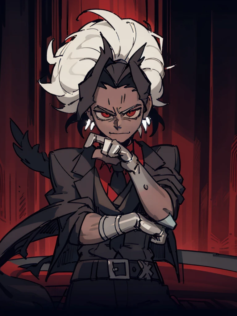 1 boy, black fur, sitting at a poker table, 20s clothing, 20s clothes, cards in hand, confident look, by the laugh, in a red background casino, gray room, best quality, super detailed, 4k, hyperrealistic, photorealistic, dramatic lighting, cinematic composition, intricate details, high contrast, vibrant colors, chiaroscuro, portrait, realistic, masterpiece