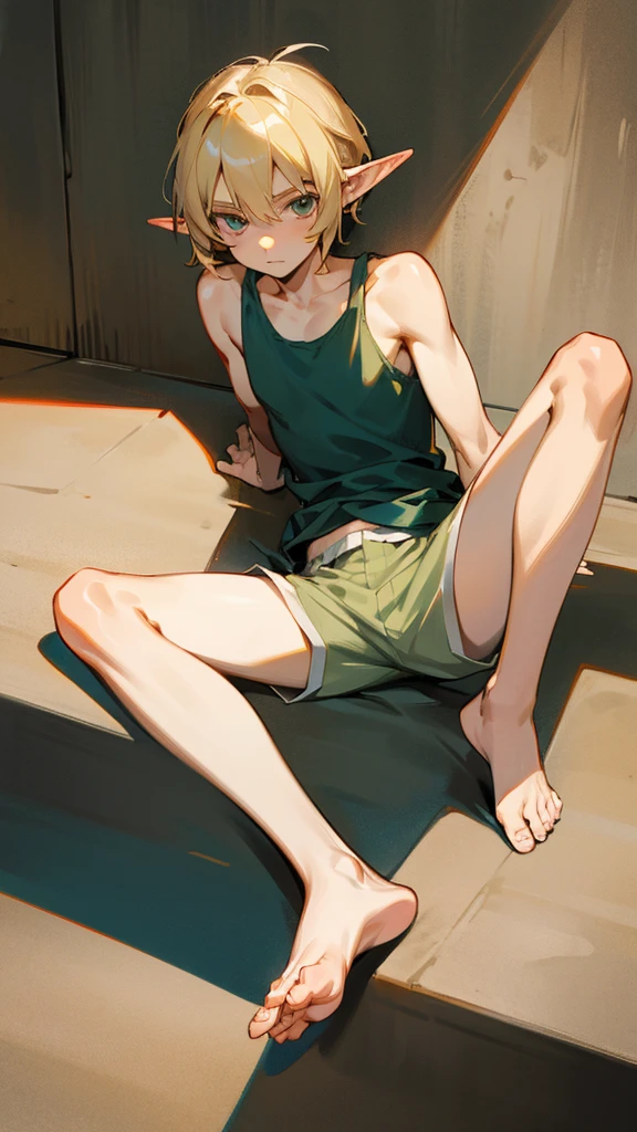 A thin twelve-year-old blond elf boy in a tank top and shorts barefoot