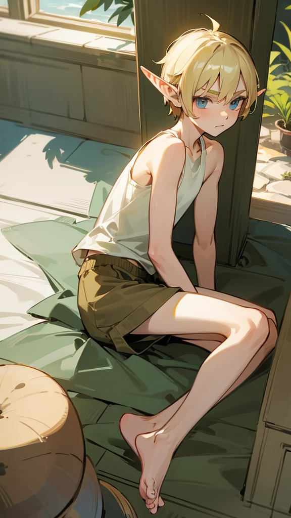 A thin twelve-year-old blond elf boy in a tank top and shorts barefoot