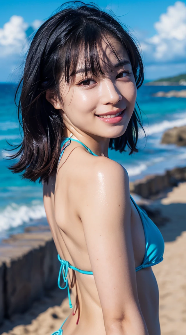 8K,Highest quality, Tabletop, Very detailed, 超High resolution, Realistic, RAW Photos, Absurd, Absolute Resolution, 1 Girl, alone,Upper Body Shot, Looking at the audience,Young and beautiful Japan woman, Very cute face, Gorgeous appearance, Small breasts , (Bob Hair, Straight hair, bangs:1.3, Brown Hair), smile,(Micro Bikini:1.3), (arched back:1.3),Ocean Waves, Sandy Beach, shell, sea breeze, Coastal scenery, Relaxed atmosphere, beach vibes,Glossy Lips, Double eyelids on both eyes, Natural Makeup, Long eyelashes, Shiny and smooth Bob Hair, Shiny skin, Center image, High resolution, High detail, Detailed hairstyle, Detailed face, Great cinema lighting, Octane Rendering, Vibrant, Surreal, Perfect limbs, Perfect Anatomy
