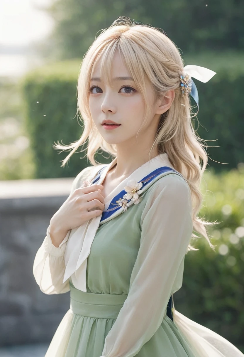 (Dynamic Angle:1.3),Extreme close up,the wind is strong,映画ofハイライト,1人of女of子,Upper Body,dancing,View your viewers, violet_Evergarden, alone, jewelry, blank eye,brooch, blonde_hair,( vevry long hair:1.2),floating hairlong_sleeve, ribbon, green_eye, Jacket, dress, gem, hair_ribbon,null, depth_of_Field, a close view of flying petal,