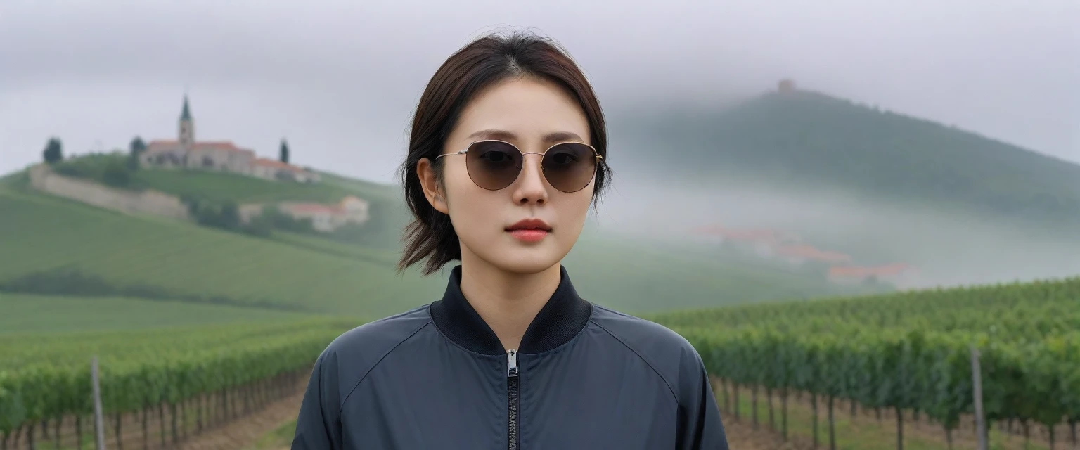 Beautiful 36-year-old Korean woman, Chest size 34 inches, The cathedral can be seen through the early morning fog past the vineyards in the Croatian countryside., The back background is realistic and vivid image quality, short and medium hair,her clothes are nice, Casual and British - (With a black windbreaker and sunglasses,Perfect and realistic photos, The background is realistic. Full body shot with Canon camera 16-35 wide angle lens, expressionless, Front photo looking at the camera from a vineyard hill covered in thick fog, 1 woman, Pictures of the whole body