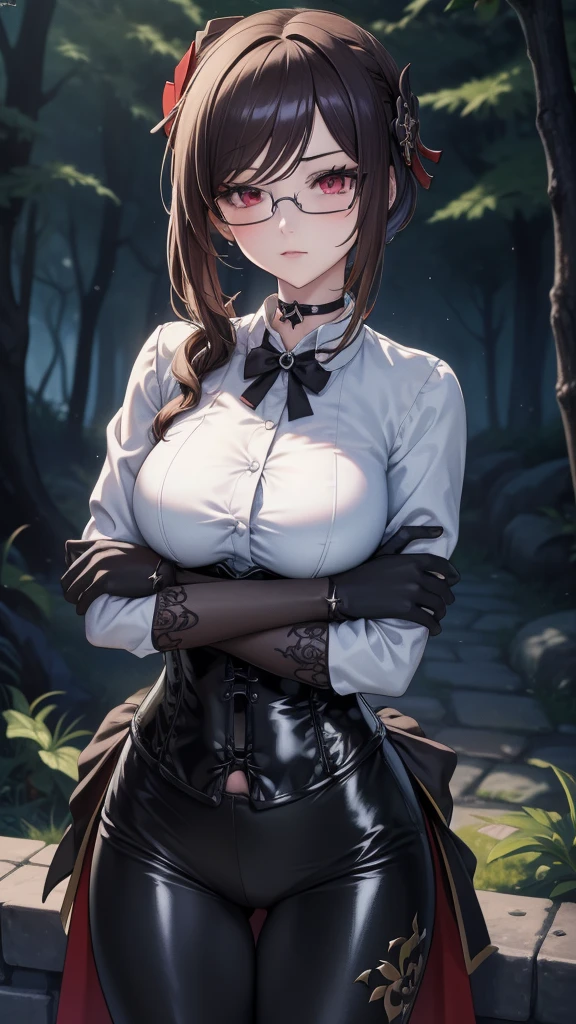 Masterpiece, Beautiful art, professional artist, 8k, detailed body, Very detailed face, very detailed eyes, Detailed clothing, detailed fabric, Best Quality, better resolution, 1 girl, Chiroi \(genshin impact\), crossed arms, View from the front, standing, serious expression, detailed eyes, round chinese glasses, choker:1.6, (white collar button down long sleeve shirt), (shiny black corset), black gloves that cover your hands, (shiny black leggings), looking at the viewer, dark path, dark forest, at night atmosphere, fog