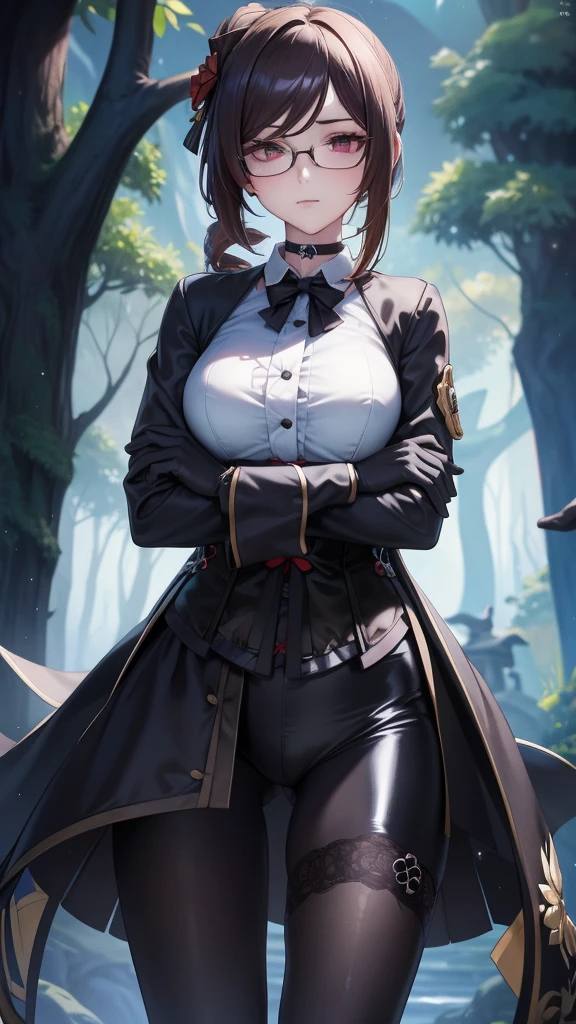 Masterpiece, Beautiful art, professional artist, 8k, detailed body, Very detailed face, very detailed eyes, Detailed clothing, detailed fabric, Best Quality, better resolution, 1 girl, Chiroi \(genshin impact\), crossed arms, View from the front, standing, serious expression, detailed eyes, round chinese glasses, choker:1.6, (white collar button down long sleeve shirt), (shiny black corset), black gloves that cover your hands, (shiny black leggings), looking at the viewer, dark path, dark forest, at night atmosphere, fog
