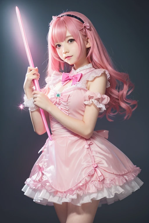 Girl with pink hair,ゴージャスなMagical girlの衣装, Pink dress with ribbons and frills, I have a magic wand in my hand, The tip of the wand glows pink., Magical girl, 12-year-old girl