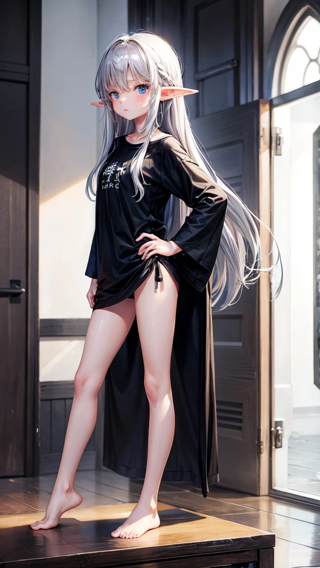 Elf Girl、8-year-old、Medium-long silver hair、Silver Eyes、Big black t-shirt、No bottoms worn、barefoot、Seductive expression、whole body、Standing posture