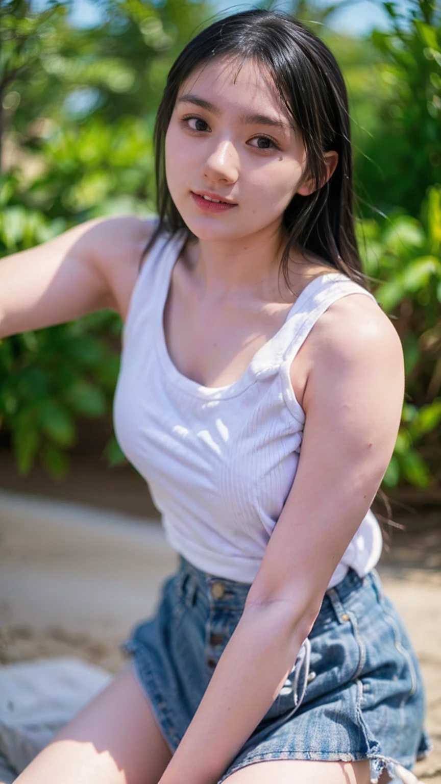 Open shirt, (((Leaning forward))), ((,Round face, Around 17 years old,mini skirt、A loose-fitting tank top)), Long Hair, , Natural Makeup, Lips become thicker, Sexy Gaze, barefoot, ((Raise one leg)), Shooting from below,Gentle expression ,((Extremely precise and accurate anatomy)), (masterpiece:1.43), Perfect proportions, Realistic photos, Full Shot, whole body,