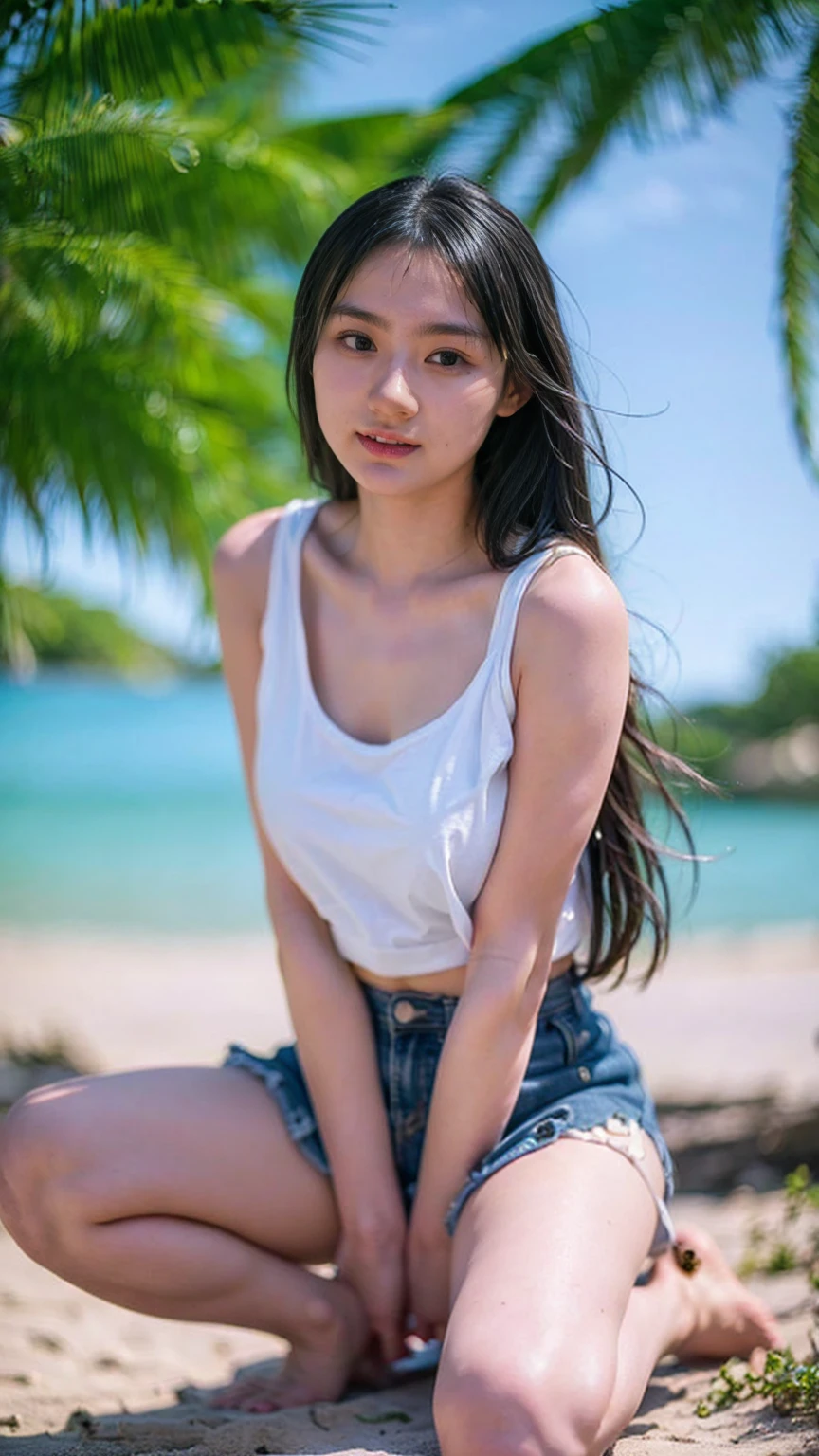 Open shirt, (((Leaning forward))), ((,Round face, Around s old,mini skirt、A loose-fitting tank top)), Long Hair, , Natural Makeup, Lips become thicker, Sexy Gaze, barefoot, ((Raise one leg)), Shooting from below,Gentle expression ,((Extremely precise and accurate anatomy)), (masterpiece:1.43), Perfect proportions, Realistic photos, Full Shot, whole body,