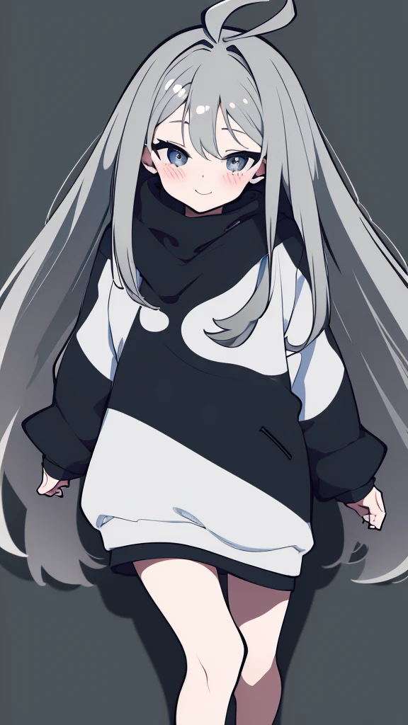 (detailed), it also has a cute whale tail, 17 year old young woman, cute, pretty and adorable, has beautiful long, bright gray hair, has a modern but cool and elegant clothing design, she really likes whales, therefore she has a whale design reference., grey hair, Ahoge, long hair, dilated pupils, BLUSH, smile, anime style, (best quality)), ((masterpiece))