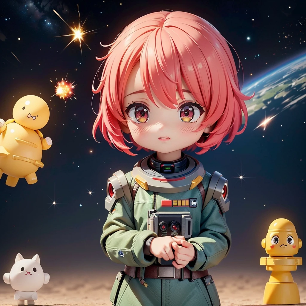(8K, RAW photo, 最high quality, masterpiece:1.2), High-definition RAW color photo, Professional photo shoot, cinematic light, ((Chibichara, Nendoroid)), detailed robot in outer space, mecha suit, advanced technology, Metallic body, hall々and presence, glowing red eyes, elaborate design, Smooth and streamlined body, Attitude control in zero gravity, heavy weapon equipment, vast background of stars and galaxies, (((interstellar battle scene, Dynamic and lively composition, Colorful nebulae, cosmic ray particles, explosion and energy blast))), background bokeh, high quality, surreal, bright colors, ((very detailed, photo shoot)),