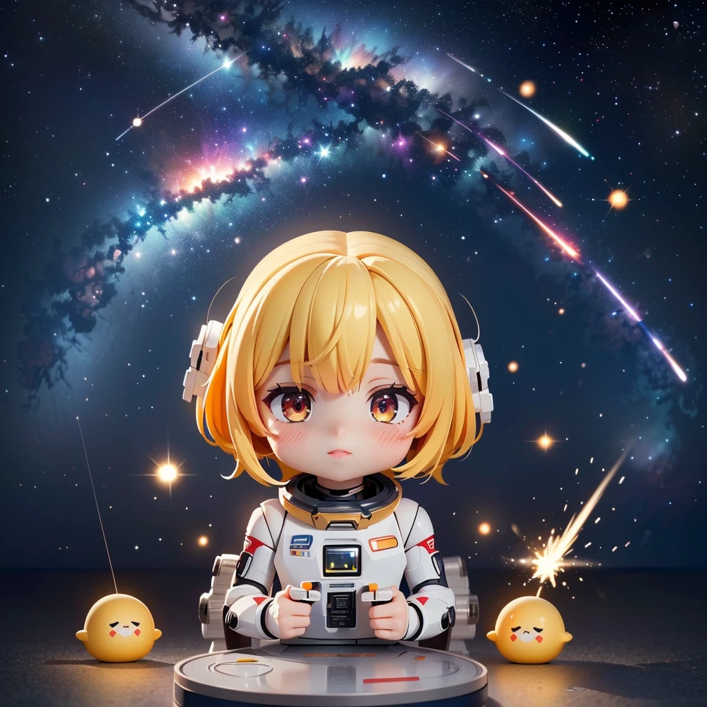 (8K, RAW photo, 最high quality, masterpiece:1.2), High-definition RAW color photo, Professional photo shoot, cinematic light, ((Chibichara, Nendoroid)), detailed robot in outer space, mecha suit, advanced technology, Metallic body, hall々and presence, glowing red eyes, elaborate design, Smooth and streamlined body, Attitude control in zero gravity, heavy weapon equipment, vast background of stars and galaxies, (((interstellar battle scene, Dynamic and lively composition, Colorful nebulae, cosmic ray particles, explosion and energy blast))), background bokeh, high quality, surreal, bright colors, ((very detailed, photo shoot)),