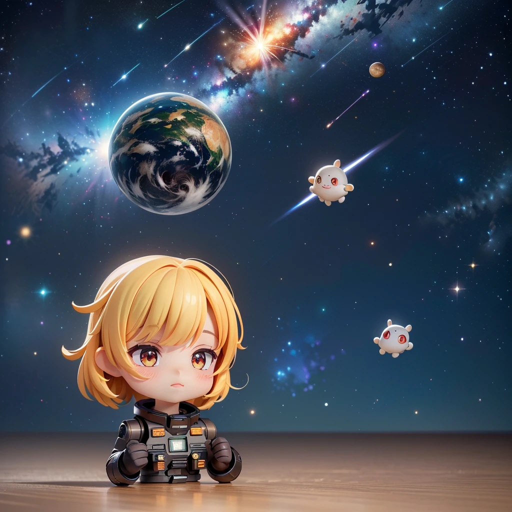 (8K, RAW photo, 最high quality, masterpiece:1.2), High-definition RAW color photo, Professional photo shoot, cinematic light, ((Chibichara, Nendoroid)), detailed robot in outer space, mecha suit, advanced technology, Metallic body, hall々and presence, glowing red eyes, elaborate design, Smooth and streamlined body, Attitude control in zero gravity, heavy weapon equipment, vast background of stars and galaxies, (((interstellar battle scene, Dynamic and lively composition, Colorful nebulae, cosmic ray particles, explosion and energy blast))), background bokeh, high quality, surreal, bright colors, ((very detailed, photo shoot)),