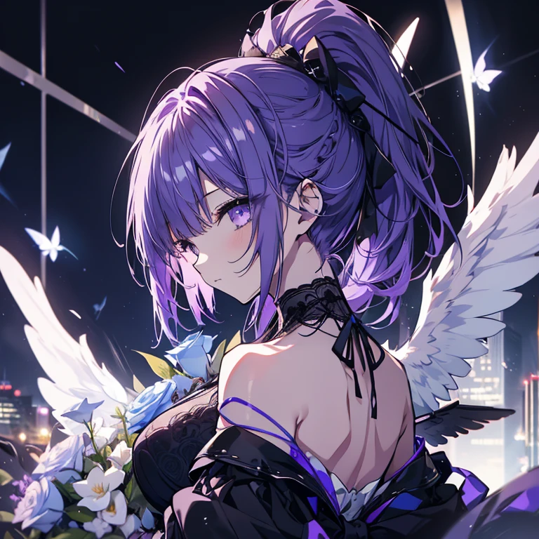 1 girl、Mature、Ample breasts、Long Hair、Purple Hair、ponytail、ハイponytail、Black Dress、Big Wings、White Wings、Shoulder Bare、Look to the side、look back、Blue roses bouquet、Holding a bouquet、Bust-up perspective、Night view、Like a jewel、Cinema Lighting、High resolution、Highest quality