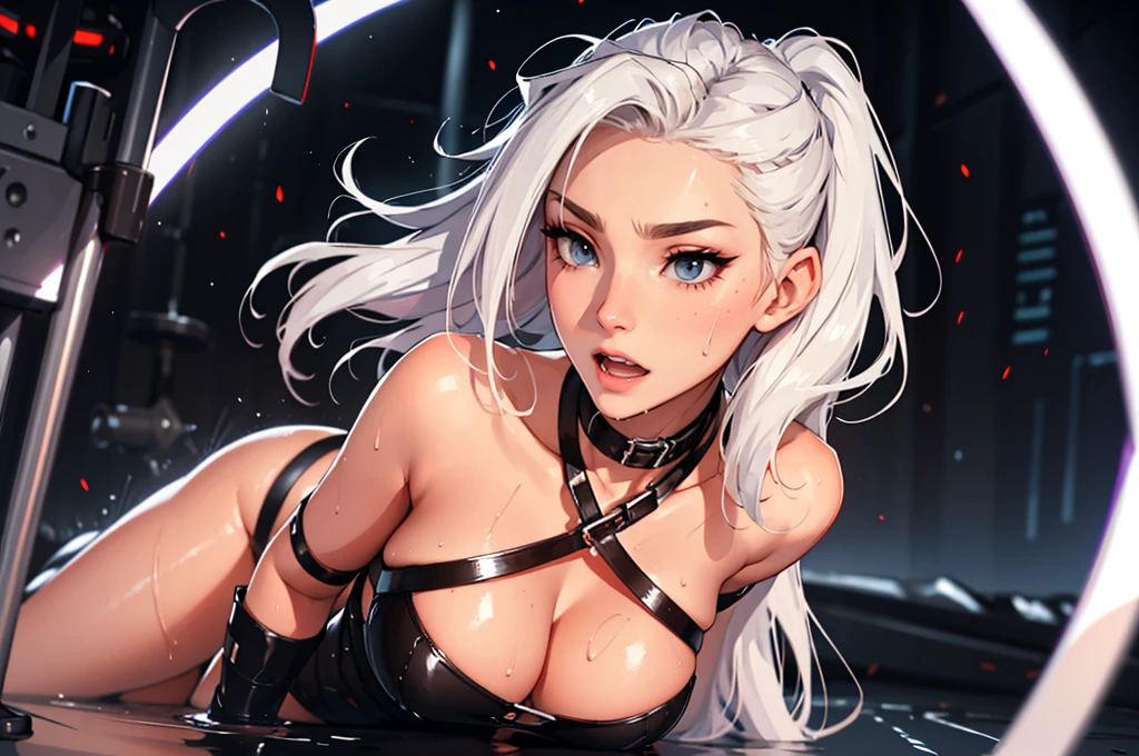 (lifelike, high - resolution:1.3), 1 girl with a perfect body,slender body, Super fine face and eyes,assasin, dark makeup, shiny skin,white hair, (girl caught in a sex machine),Expose cleavage, (sex machine, restrained, bound, bdsm, object insertion, smachine) (wet skin, shiny skin), horizontal, landscape, pleasured face, drooling, cumming