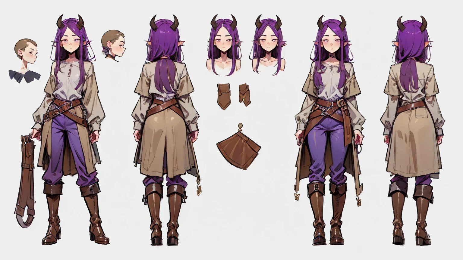 (Masterpiece, best quality), detailed, 1girl, ((character concept art)), ((character design sheet, same character, front, side, back)), many items, (Tiefling Girl, long purple hair, purple skin, purple horns, flat chest, god, high, in a white-beige linen shirt, in gray-brown pants with a belt, in leather boots, medieval clothing, stands tall