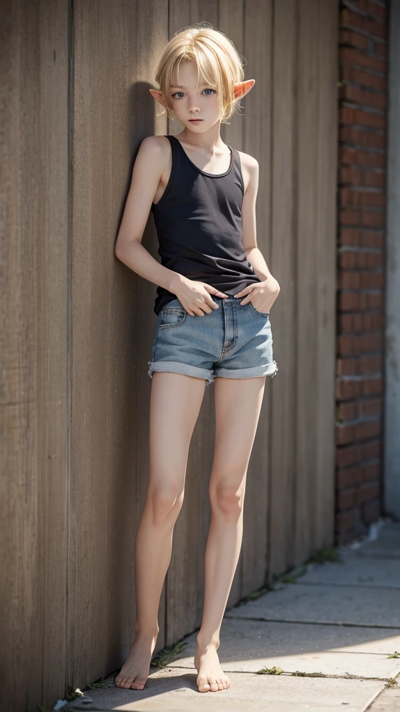 A thin twelve-year-old blond elf boy in a tank top and shorts barefoot 
