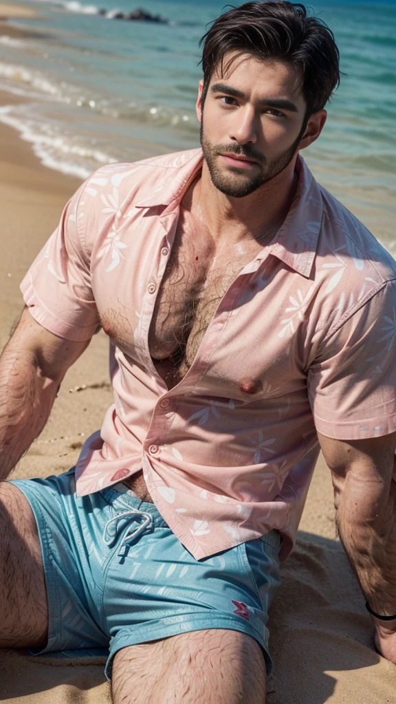 Masterpiece, denoise, void noise, one man, best quality, 8k resolution, male focus, focus only, amazing composition, volumetric lighting, super quality, elegant, Very detailed, ((front view)), -----------, 35 years old, mature face, muscular, (((Caucasian white man))), (((white skin)), ((pale skin))), very handsome, (detailed light-blue eyes), ((dark brown hair)), big ears, (hairy chest), (scruffy beard), ((pink nipples:1.3)), ((perky nipples)) ------------, (((beach shorts))), (((light-colored hawaiian shirt))), (((rubbing chest))), (((sitting, legs open facing viewer)))