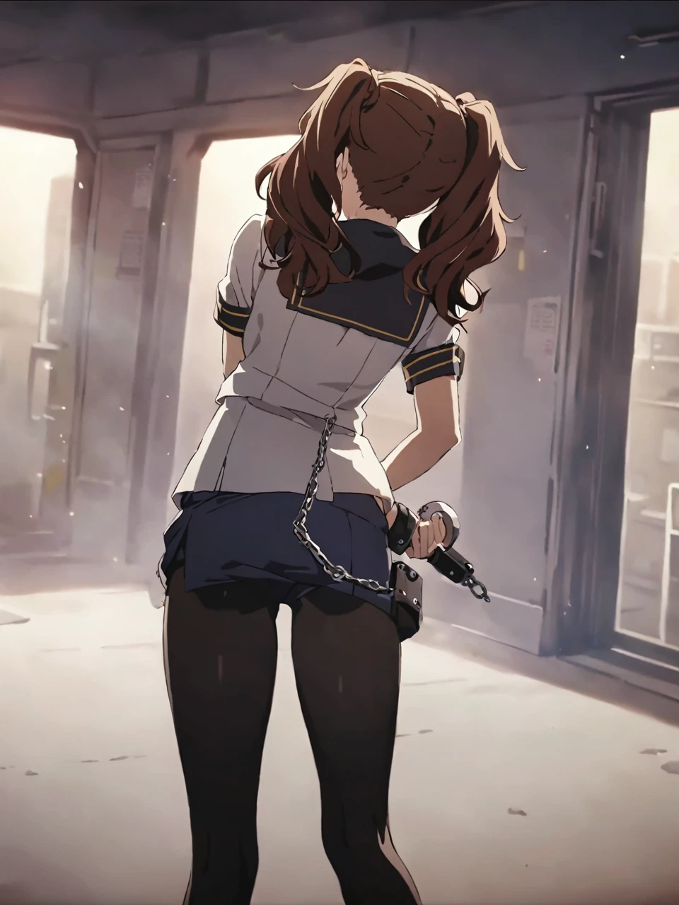 dsrise, brown hair, long hair, twintails, brown eyes, yasogami , serafuku, black thighhighs, 1girl, solo
BREAK
cinematic, game cg, anime screencap, official art, masterpiece, best quality
extremely detailed,high definition restrained,police,arrest,restrained,shackles,(((handcuffs, cuffs, upper body, handcuff, bound wrists))),masterpiece, best quality,rise kujikawa handcuffs behind her back,2 policewoman.behind her bsck position.escort in handcuffed.handcuffed behind back.from behind.handcuffs behind her behind back.