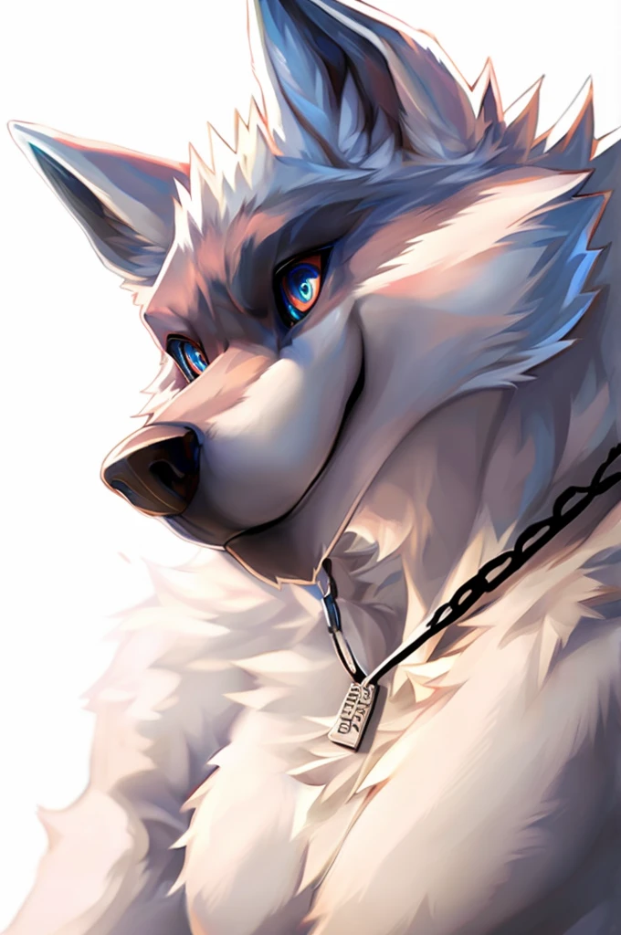 (masterpiece,Highest quality,Very detailed,Perfect Anatomy),kemono,White Background,Particles of light,Sharp focus,From null-ghost,alone,Humanity,Wolf,naked,Muscular (White fur:1.5,White body:1.5),Looking at the audience,Beautiful Eyes,String,Dog Tags