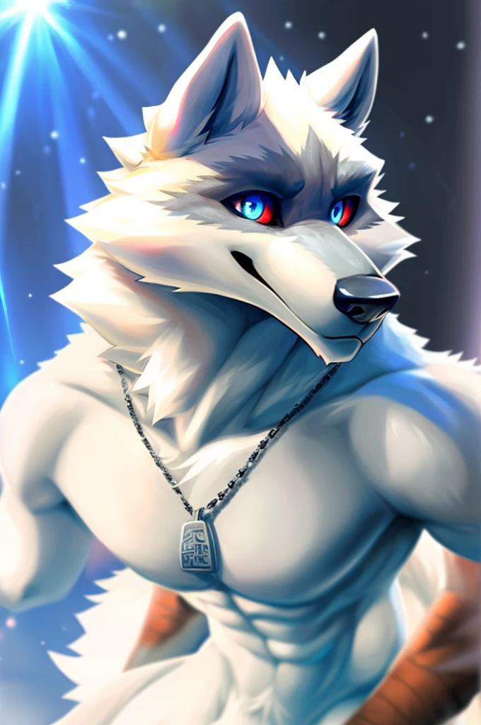(masterpiece,Highest quality,Very detailed,Perfect Anatomy),kemono,White Background,Particles of light,Sharp focus,From null-ghost,alone,Humanity,Wolf,naked,Muscular (White fur:1.5,White body:1.5),Looking at the audience,Beautiful Eyes,String,Dog Tags