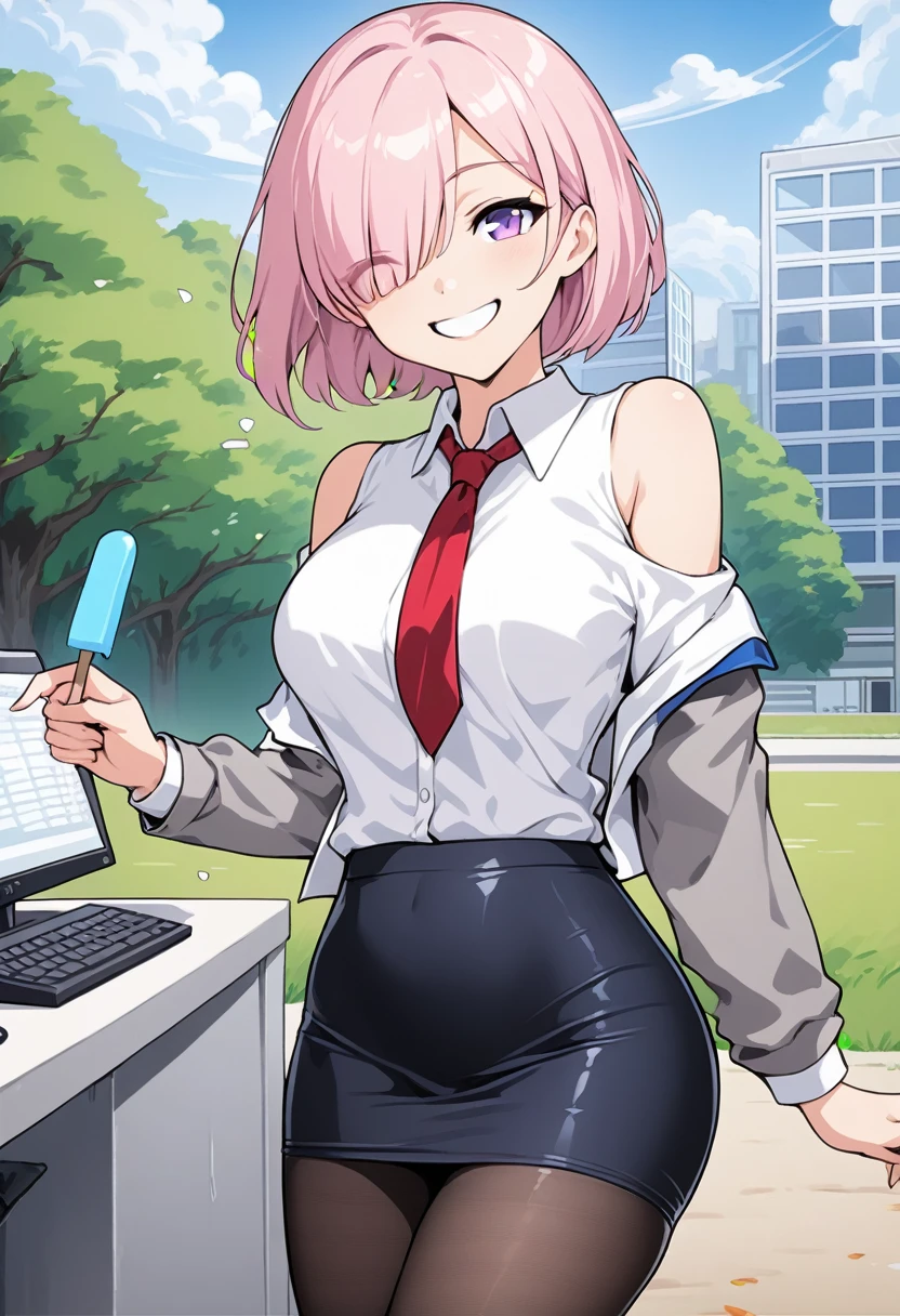 1 woman, Short hair, pink hair, purple eyes, hair above one eye, black shirt, white collar, red tie, Two-tone jacket, white jacket, gray sleeves, long sleeves, skirt, pantyhose, outdoors, seat, park, off shoulder, bare shoulders, popsicle score_9, score_8_consolation, score_7_consolation, score_6_consolation, score_5_consolation, score_4_consolation, BREAK Source_japanese cartoon movies, ((masterpiece,꽉끼는 skirt)), A beautiful smile, office job,((tight skirt)),