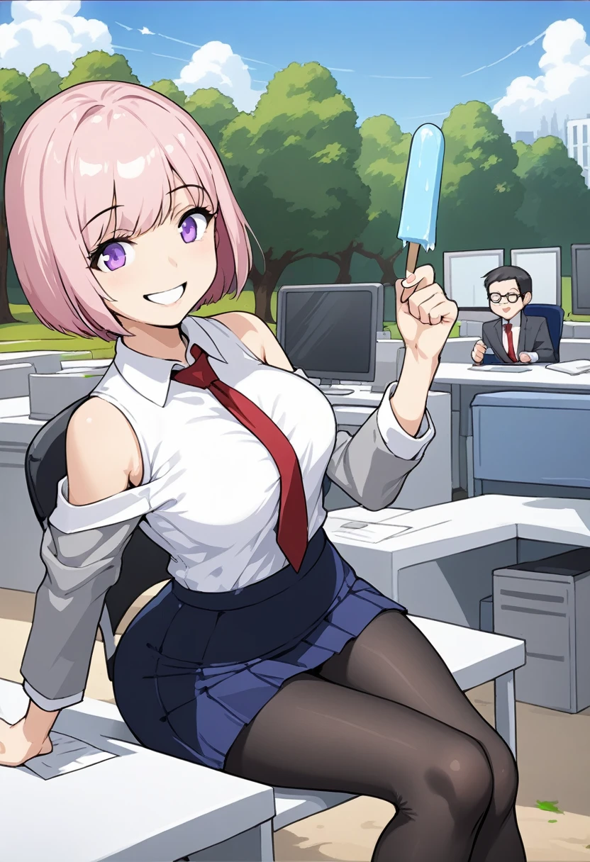 1 woman, Short hair, pink hair, purple eyes, hair above one eye, black shirt, white collar, red tie, Two-tone jacket, white jacket, gray sleeves, long sleeves, skirt, pantyhose, outdoors, seat, park, off shoulder, bare shoulders, popsicle score_9, score_8_consolation, score_7_consolation, score_6_consolation, score_5_consolation, score_4_consolation, BREAK Source_japanese cartoon movies, ((masterpiece,꽉끼는 skirt)), A beautiful smile, office job,((tight skirt)),