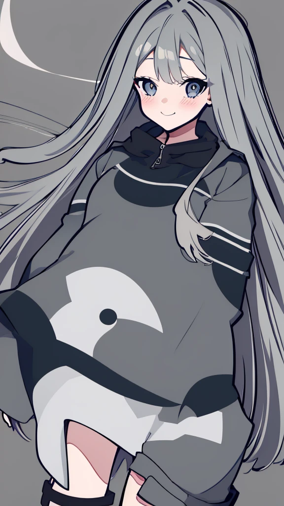 (detailed), it also has a cute whale tail, 17 year old young woman, cute, pretty and adorable, has beautiful long, bright gray hair, has a modern but cool and elegant clothing design, she really likes whales, therefore she has a whale design reference., grey hair, Ahoge, long hair, dilated pupils, BLUSH, smile, anime style, (best quality)), ((masterpiece)) hentai