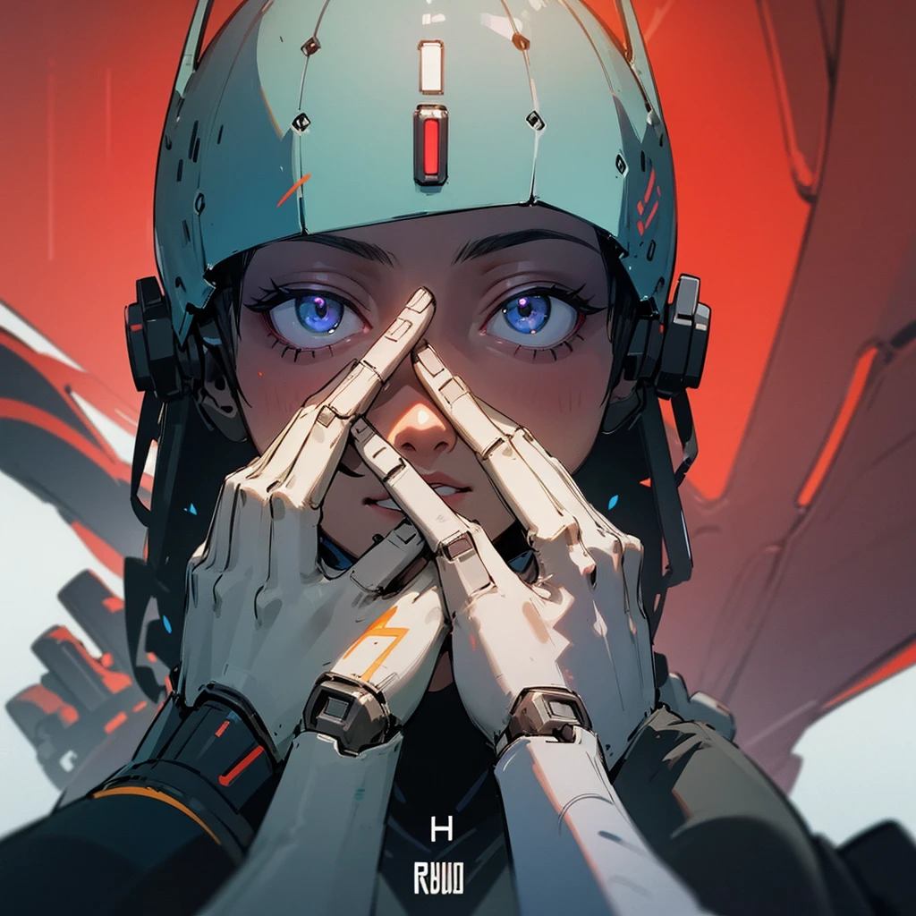 robot, screen instahead of face, hands on face, no hair, futuristic enviroment, album cover