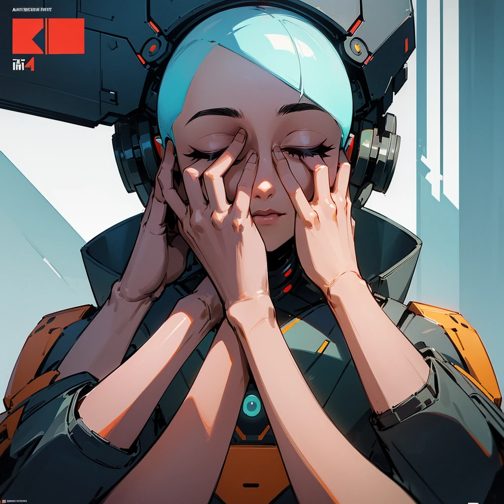 robot, screen instahead of face, hands on face, no hair, futuristic enviroment, album cover