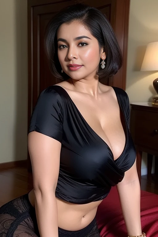 60+old Indian hot Mom seductive Looking dark skin curvy voluptuous big perky breasts sexy silk Indian type blouse very revealing types onlycover nipple cleavage standing