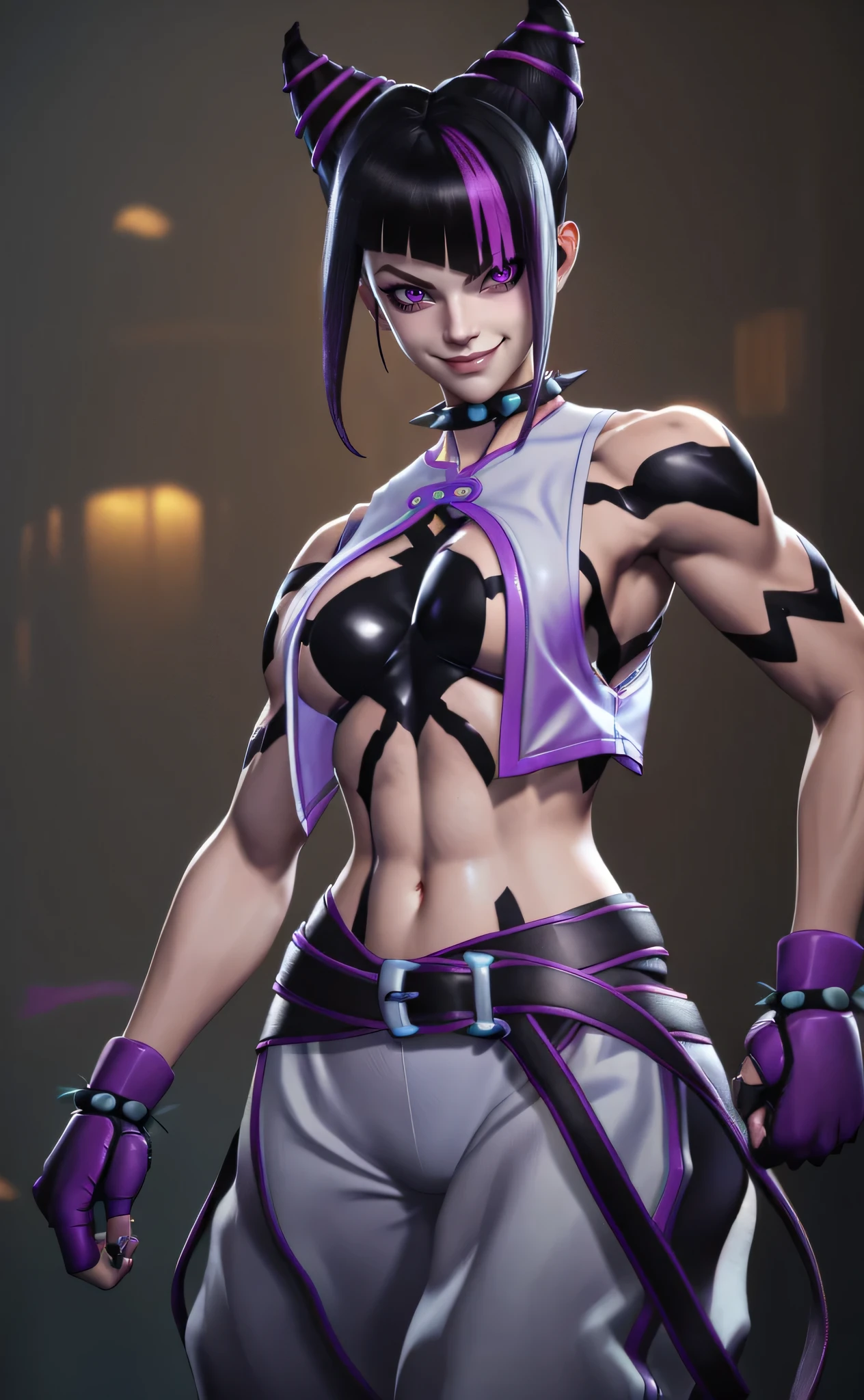 [juri], [SFVI], [street fighter 6], ((masterpiece)), ((HD)), ((high res)), ((solo portrait)), ((waist up)), ((front view)), ((cartoon aethsthetic)), ((detailed shading)), ((cinematic lighting)), {(beautiful woman), (short black hair), (two-toned hair), (pink highlights in hair), [hair horns], (cute purple eye), (cute cyan eye), (heterochromia), (short eyelashes), (small boobs), (toned figure), (curvy hips), (smug smile)}, {(white duduo crop top), (white sleeveless jacket), (underboob), (navel), (purple belt), (white baggy pants), (thighs visible), (black panties visible), (purple fingerless gloves)}, {(looking at viewer)}, [(ambient lighting), neon lights]