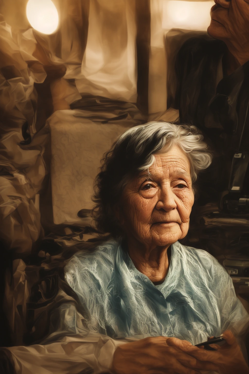 A digital art of an elderly person, with wrinkles and tired eyes, undergoing a medical evaluation to ascertain if she is depressed. Color palette should include shades of grey, blue and white. The person's age is around 80, has white hair, styled in a short, messy hairstyle, and has a solemn expression. She is wearing a white hospital gown and sitting on a chair in a clinical setting, with various medical equipment visible in the background. The background should include a detailed depiction of the room, with hospital beds, a computer, and other clinical devices. The person should be shown with his head down, holding a clipboard, by Edward Hopper, masterpiece, extremely detailed.