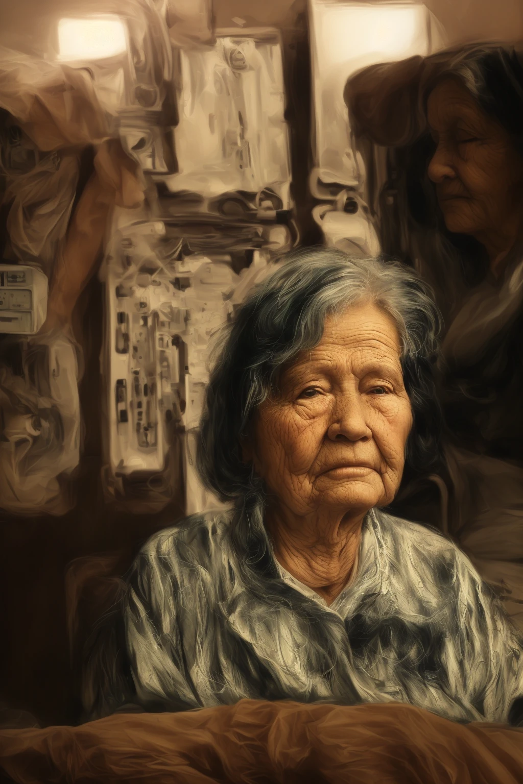 A digital art of an elderly person, with wrinkles and tired eyes, undergoing a medical evaluation to ascertain if she is depressed. Color palette should include shades of grey, blue and white. The person's age is around 80, has white hair, styled in a short, messy hairstyle, and has a solemn expression. She is wearing a white hospital gown and sitting on a chair in a clinical setting, with various medical equipment visible in the background. The background should include a detailed depiction of the room, with hospital beds, a computer, and other clinical devices. The person should be shown with his head down, holding a clipboard, by Edward Hopper, masterpiece, extremely detailed. 