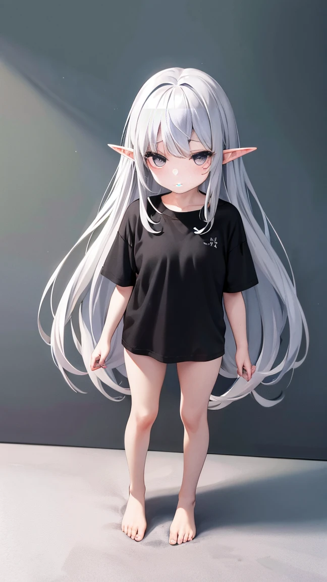 Elf Girl、8-year-old、Medium-long silver hair、Silver Eyes、Big black t-shirt、No bottoms worn、barefoot、Seductive expression、whole body、Standing posture