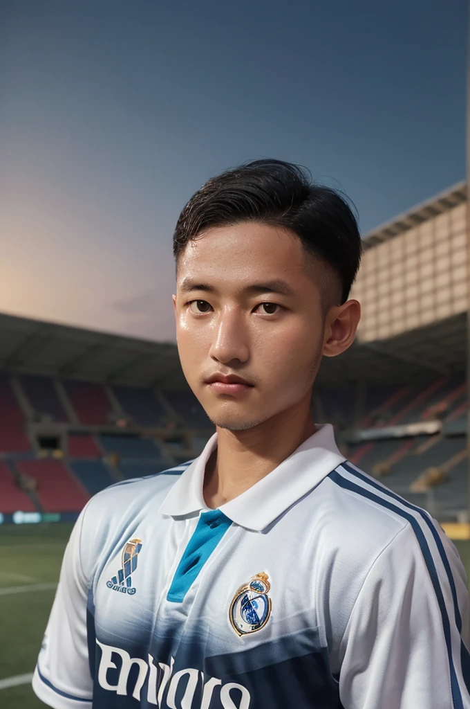 {{masterpiece}}}, hyper quality, {{{very realistic}}}, very delicate eyes, {{{best quality}}}, soccer stadium, {{Football Jerseys}}, {{{Real Madrid}}}, {{{Son Heung-min}}}, night sky, light, crowd, football
