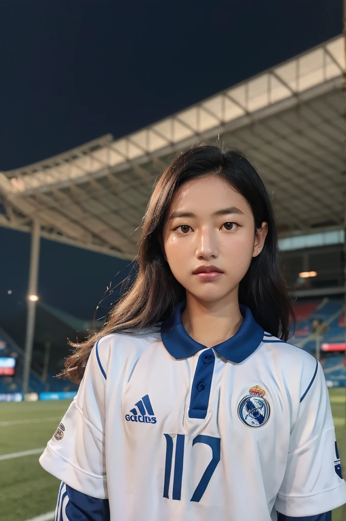 {{masterpiece}}}, hyper quality, {{{very realistic}}}, very delicate eyes, {{{best quality}}}, soccer stadium, {{Football Jerseys}}, {{{Real Madrid}}}, {{{Son Heung-min}}}, night sky, light, crowd, football
