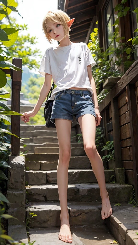 A thin twelve-year-old blond elf boy in shorts barefoot